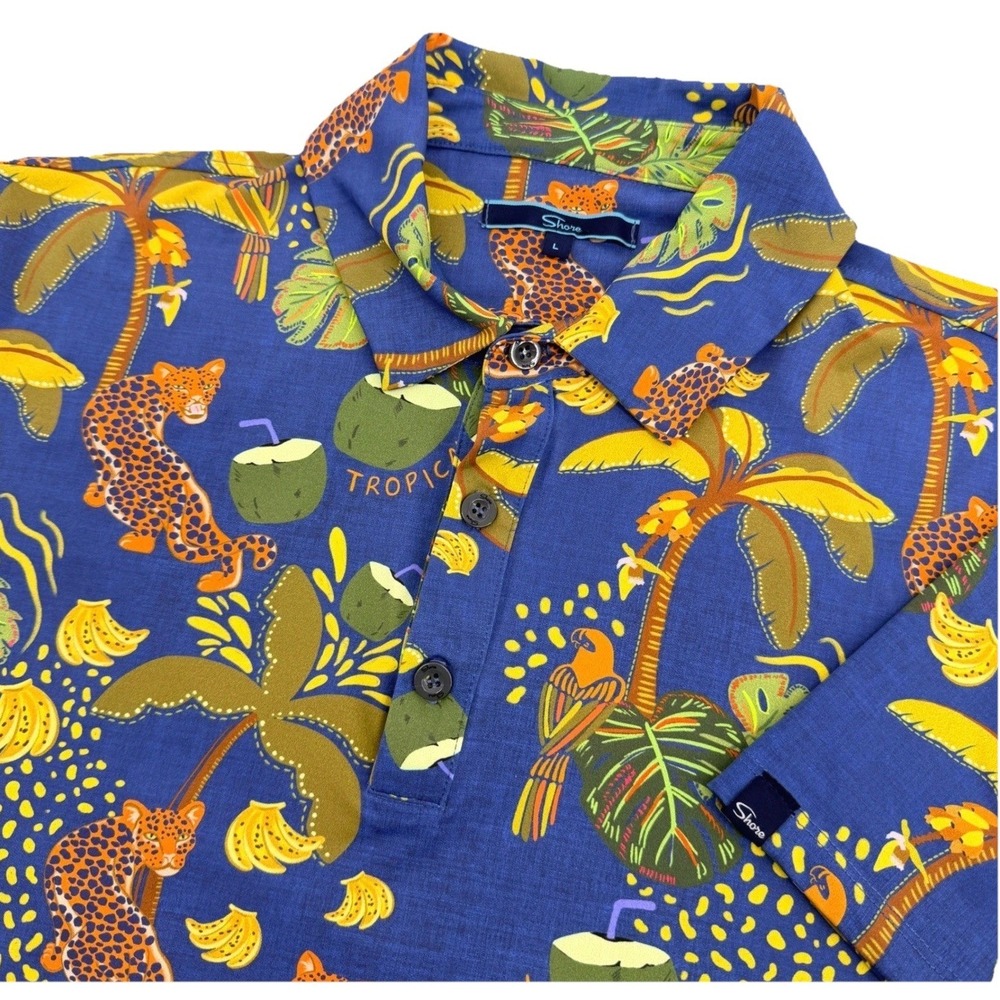 Shore Brand Polo Shirt Mens L Blue Tropical Leopard Nylon Spandex Made‎ In USA